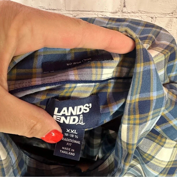 Lands' end button down no iron twill shirt blue gold plaid XXL 2X - Picture 3 of 5